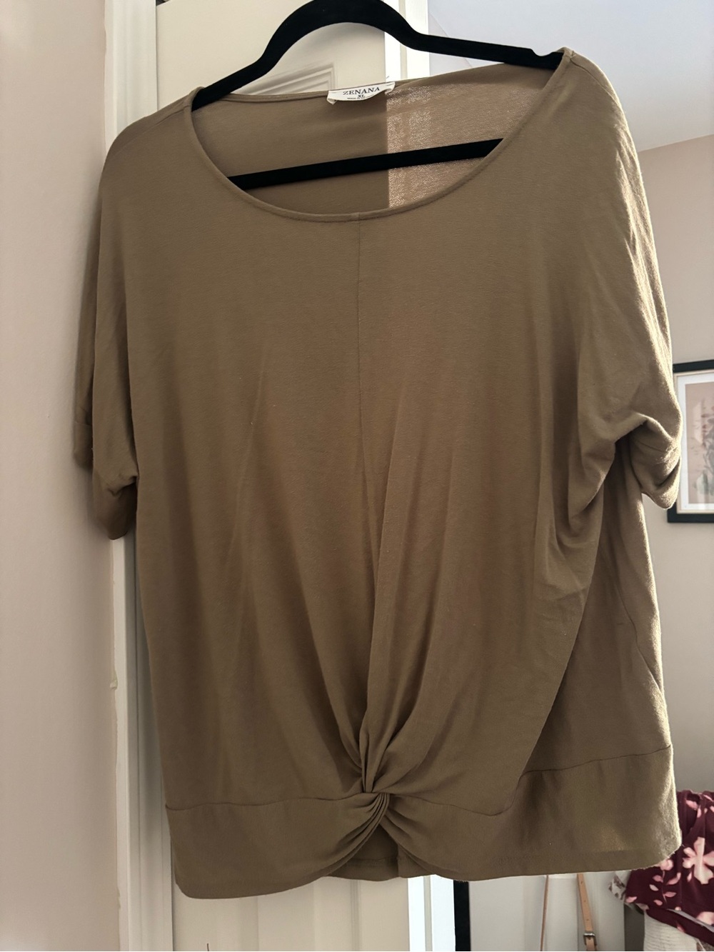 Zenana Outfitters Olive Tan Twist-Front Short Sleeve Top